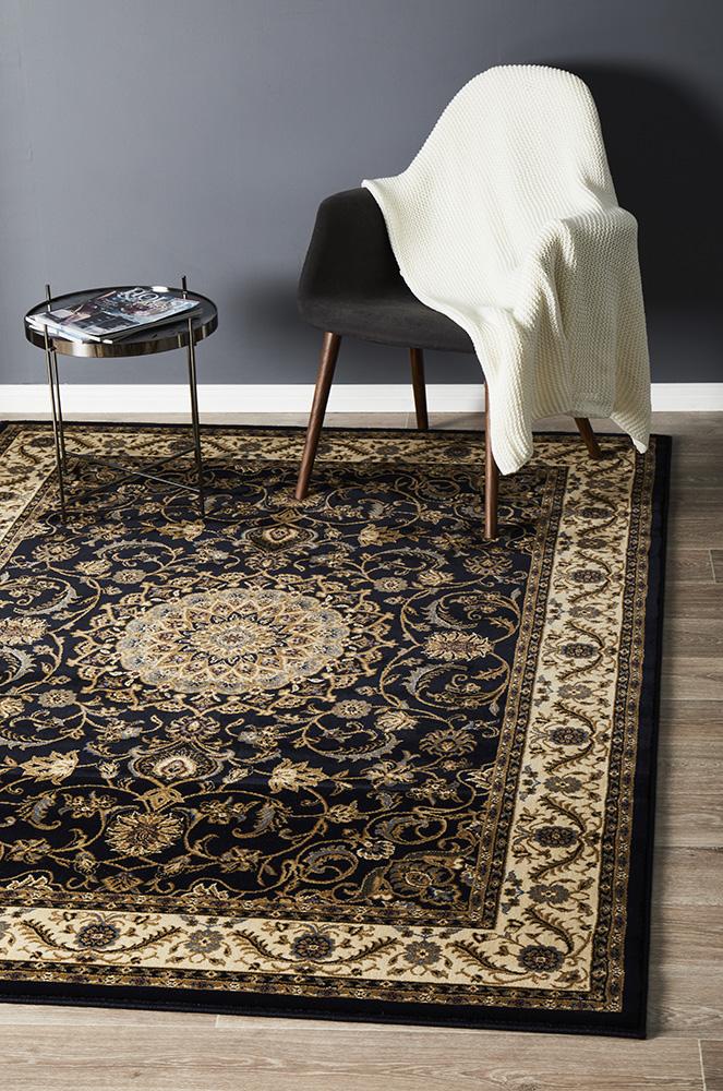 Traditional Black Rug with Ivory Border 