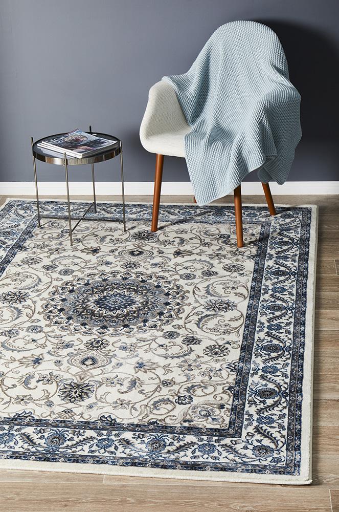 Medallion Traditional White & Blue Persian Rug